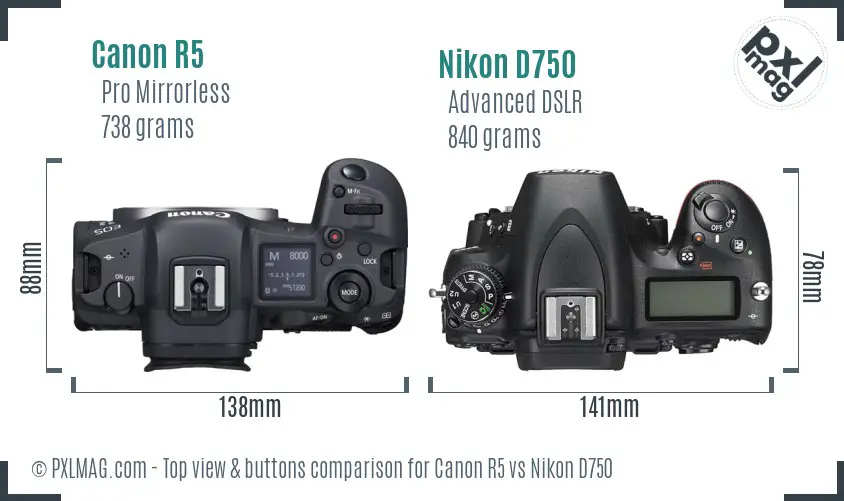 Canon R5 vs Nikon D750 top view buttons comparison