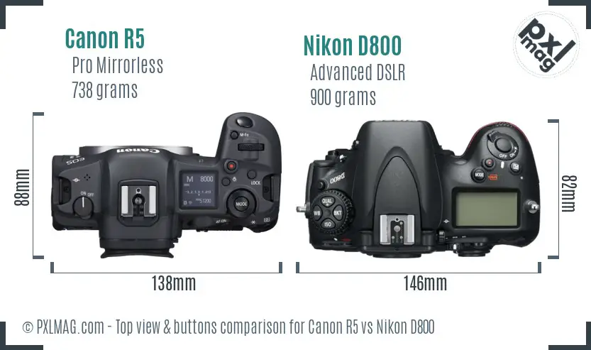 Canon R5 vs Nikon D800 top view buttons comparison Canon R5 vs Nikon D800 top view buttons comparison