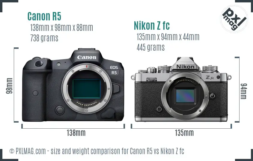 Canon R5 vs Nikon Z fc size comparison