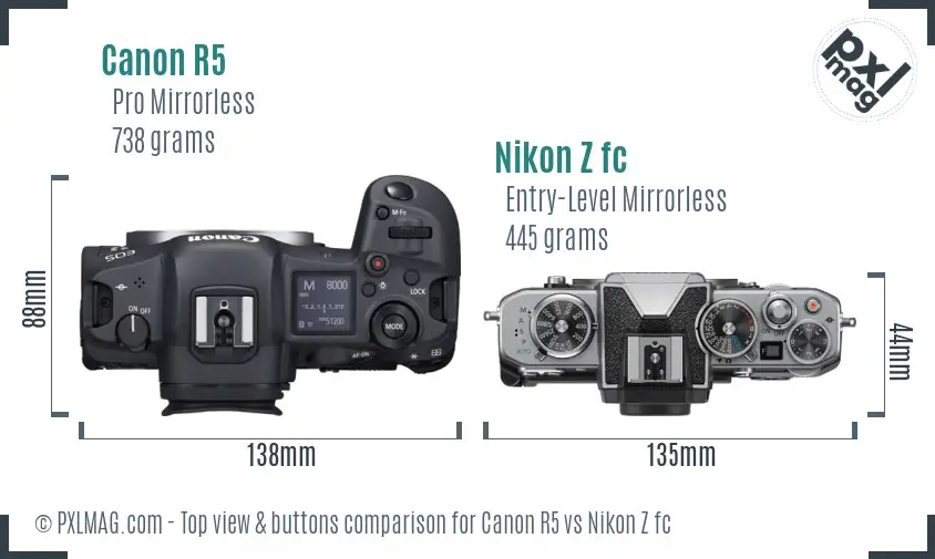 Canon R5 vs Nikon Z fc top view buttons comparison