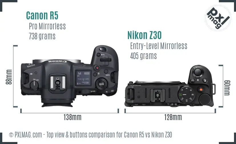 Canon R5 vs Nikon Z30 top view buttons comparison