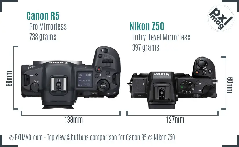 Canon R5 vs Nikon Z50 top view buttons comparison