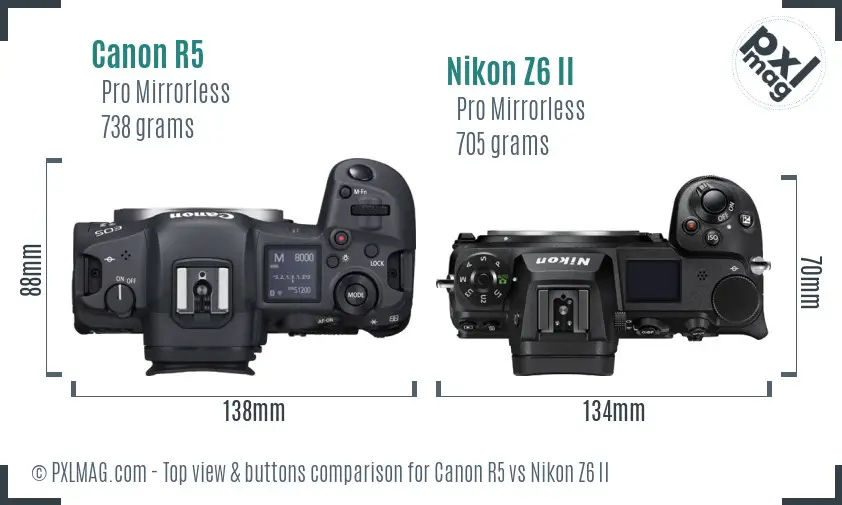 Canon R5 vs Nikon Z6 II top view buttons comparison