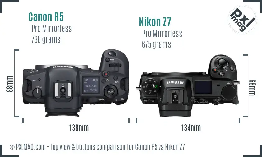 Canon R5 vs Nikon Z7 top view buttons comparison