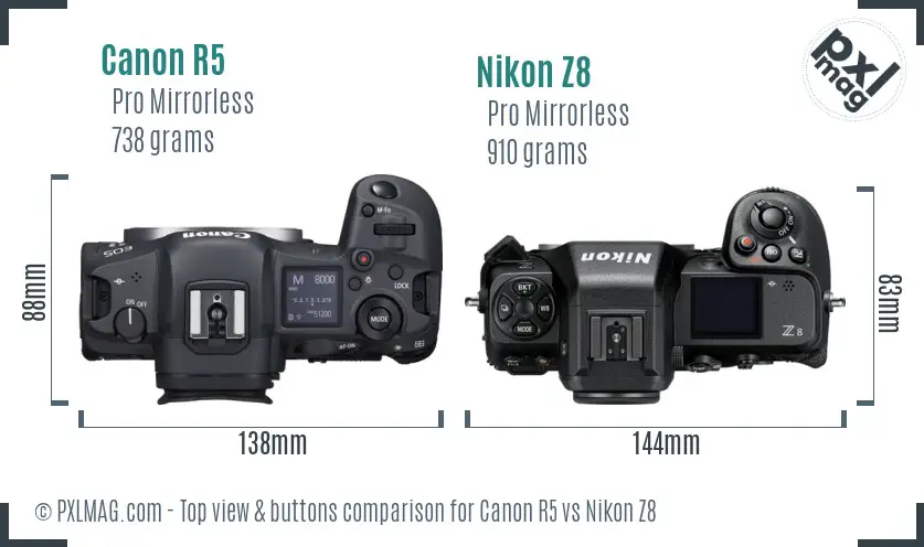 Canon R5 vs Nikon Z8 top view buttons comparison
