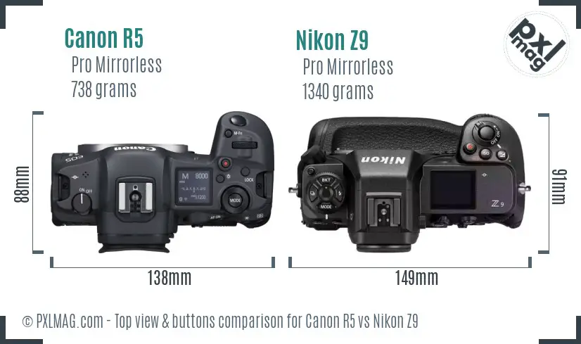 Canon R5 vs Nikon Z9 top view buttons comparison