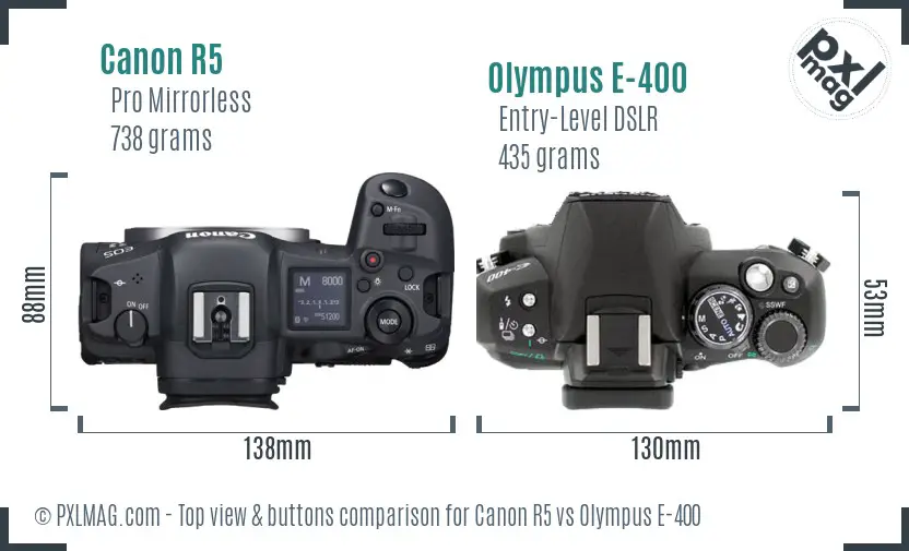 Canon R5 vs Olympus E-400 top view buttons comparison
