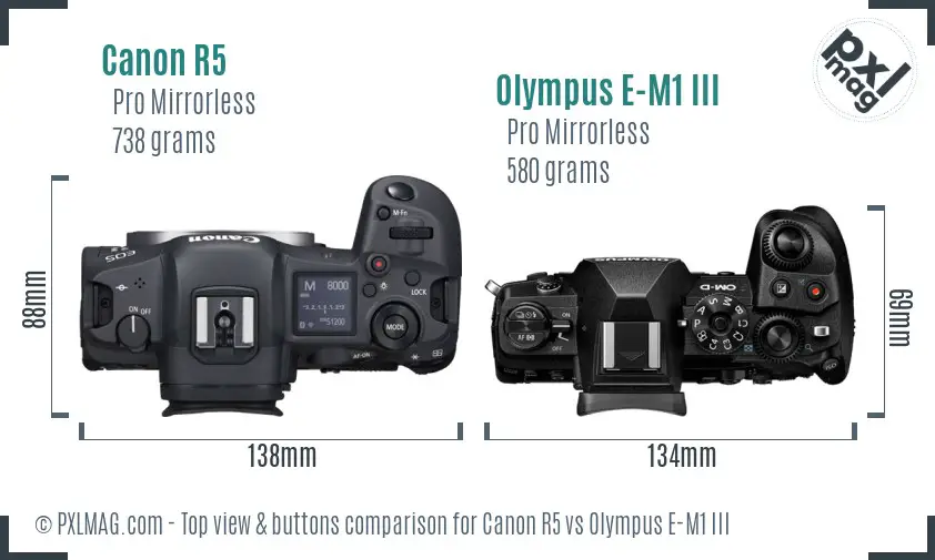 Canon R5 vs Olympus E-M1 III top view buttons comparison