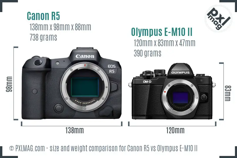 Canon R5 vs Olympus E-M10 II size comparison