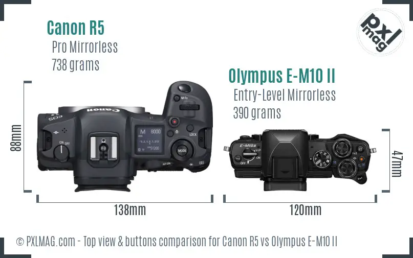 Canon R5 vs Olympus E-M10 II top view buttons comparison