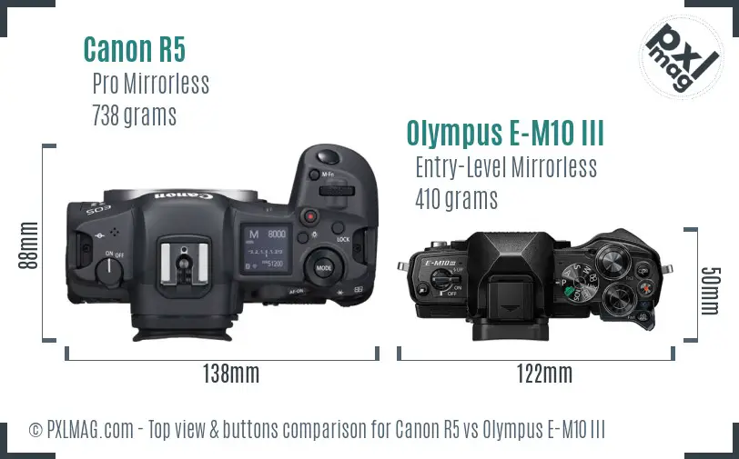 Canon R5 vs Olympus E-M10 III top view buttons comparison