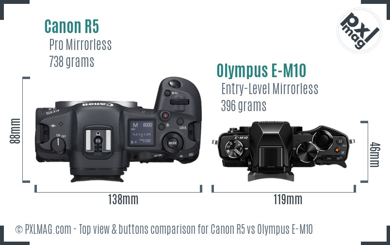 Canon R5 vs Olympus E-M10 top view buttons comparison