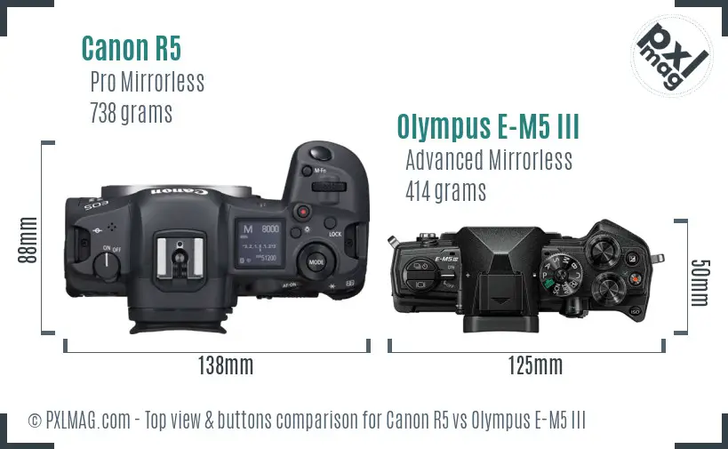 Canon R5 vs Olympus E-M5 III top view buttons comparison Canon R5 vs Olympus E-M5 III top view buttons comparison