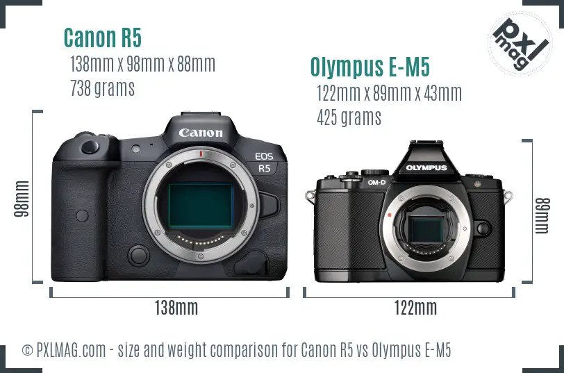 Canon R5 vs Olympus E-M5 size comparison