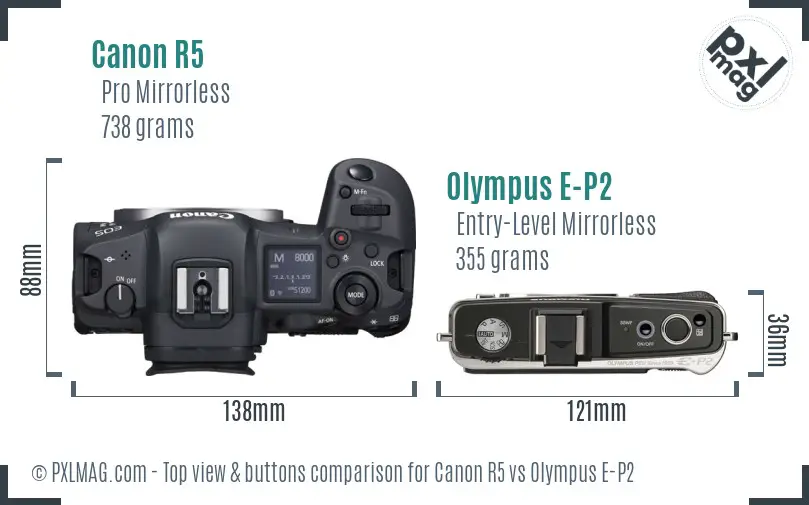 Canon R5 vs Olympus E-P2 top view buttons comparison