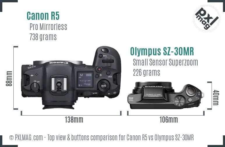 Canon R5 vs Olympus SZ-30MR top view buttons comparison
