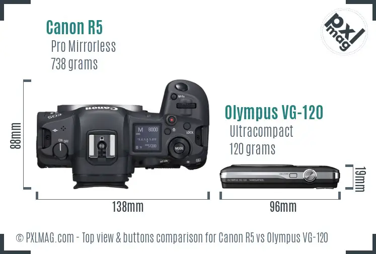 Canon R5 vs Olympus VG-120 top view buttons comparison