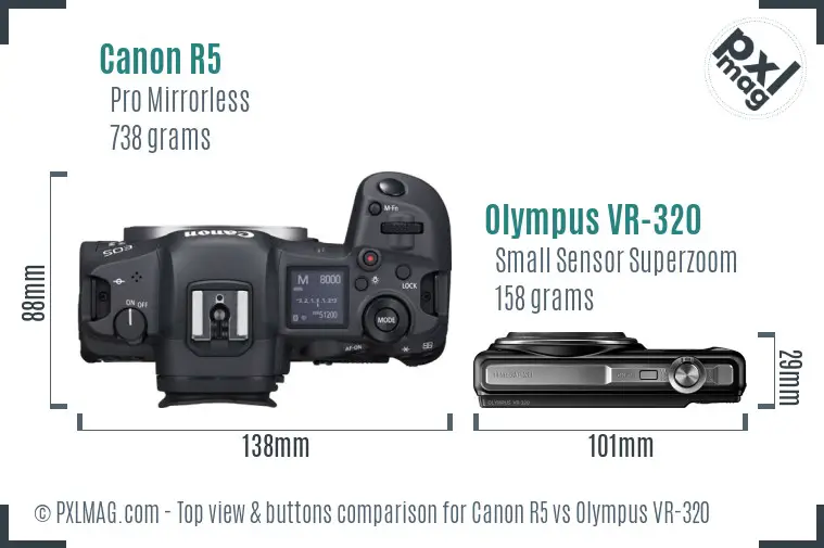Canon R5 vs Olympus VR-320 top view buttons comparison