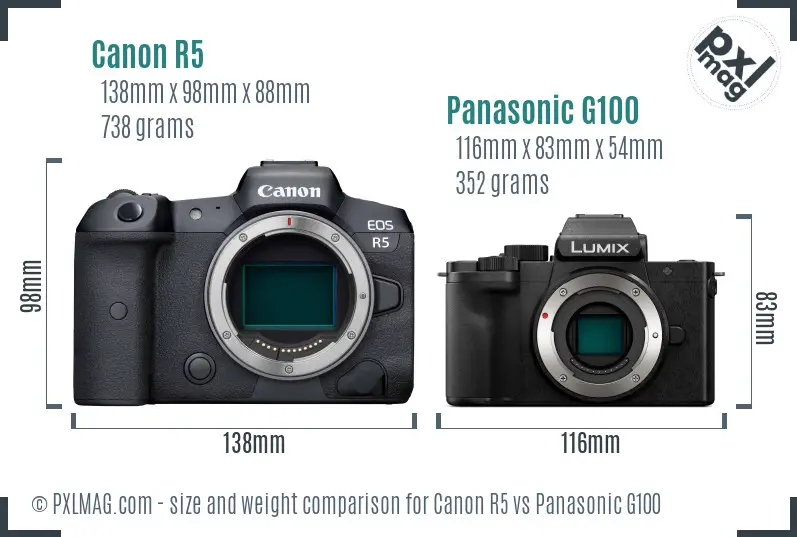 Canon R5 vs Panasonic G100 size comparison