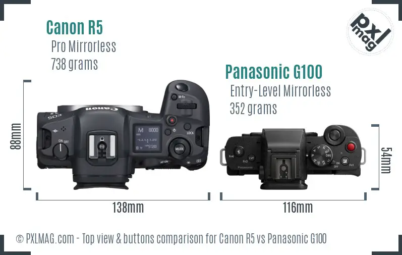 Canon R5 vs Panasonic G100 top view buttons comparison