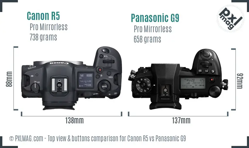 Canon R5 vs Panasonic G9 top view buttons comparison