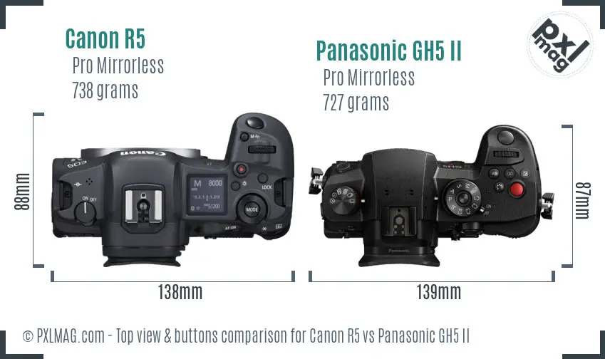 Canon R5 vs Panasonic GH5 II top view buttons comparison