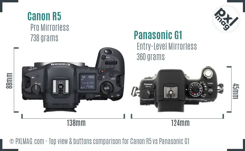 Canon R5 vs Panasonic G1 top view buttons comparison Canon R5 vs Panasonic G1 top view buttons comparison