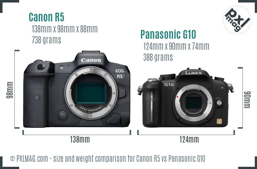 Canon R5 vs Panasonic G10 size comparison