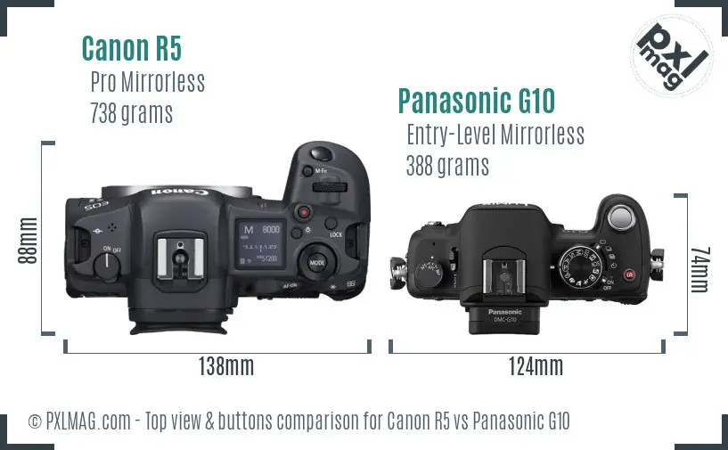 Canon R5 vs Panasonic G10 top view buttons comparison