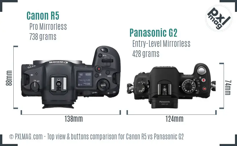 Canon R5 vs Panasonic G2 top view buttons comparison