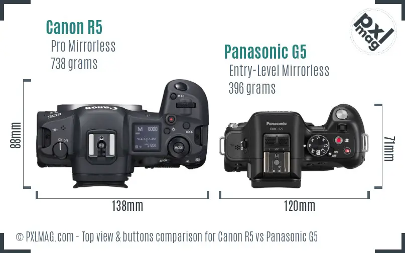 Canon R5 vs Panasonic G5 top view buttons comparison