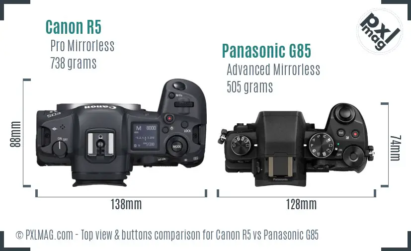Canon R5 vs Panasonic G85 top view buttons comparison Canon R5 vs Panasonic G85 top view buttons comparison