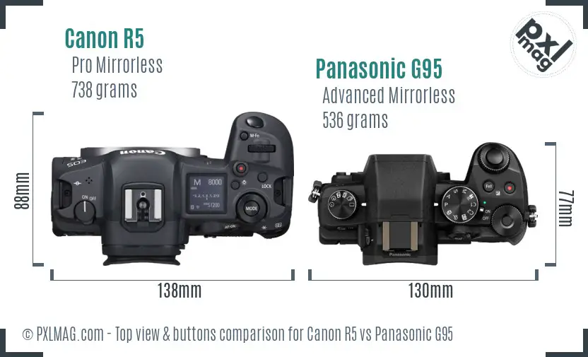 Canon R5 vs Panasonic G95 top view buttons comparison