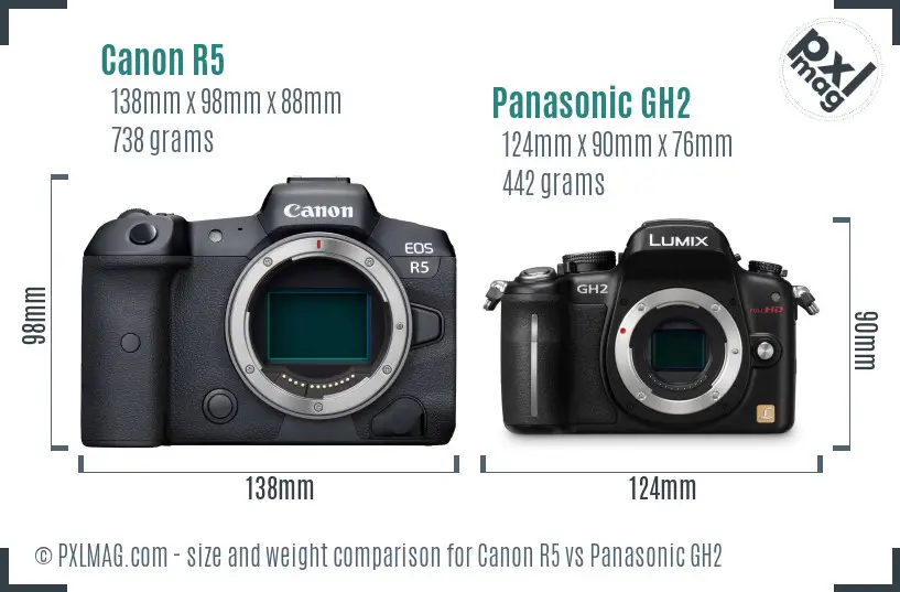 Canon R5 vs Panasonic GH2 size comparison