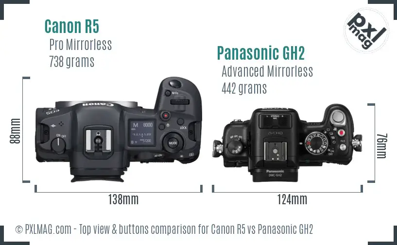 Canon R5 vs Panasonic GH2 top view buttons comparison