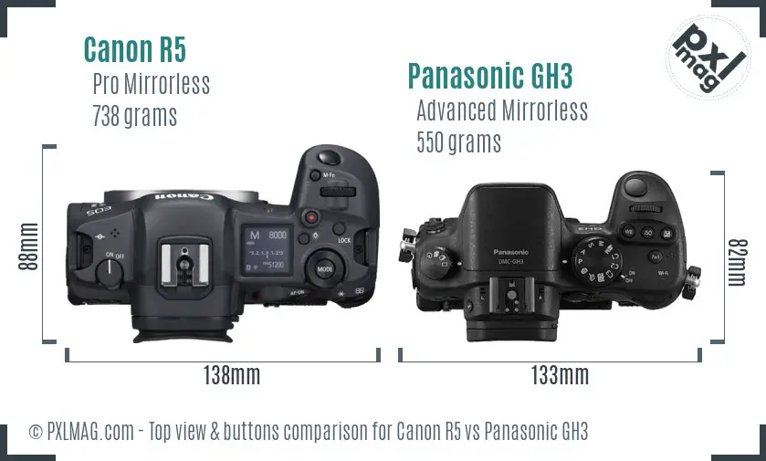 Canon R5 vs Panasonic GH3 top view buttons comparison