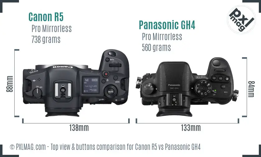 Canon R5 vs Panasonic GH4 top view buttons comparison