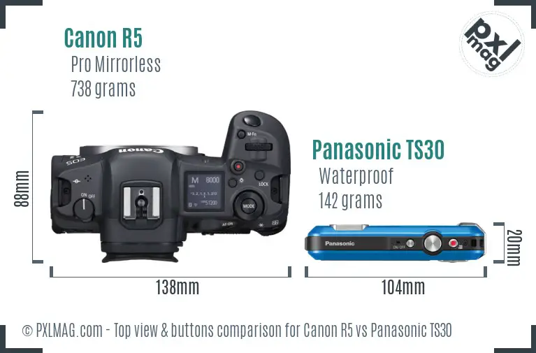Canon R5 vs Panasonic TS30 top view buttons comparison