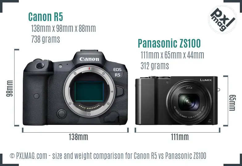 Canon R5 vs Panasonic ZS100 size comparison