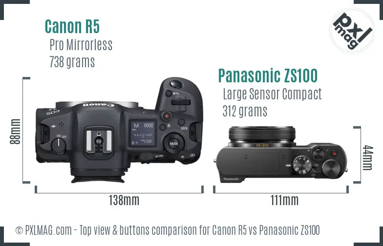 Canon R5 vs Panasonic ZS100 top view buttons comparison