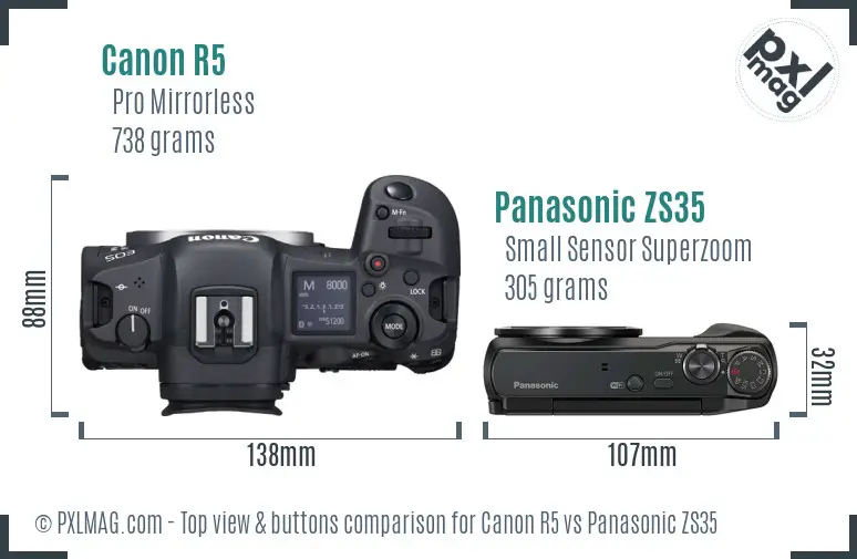 Canon R5 vs Panasonic ZS35 top view buttons comparison