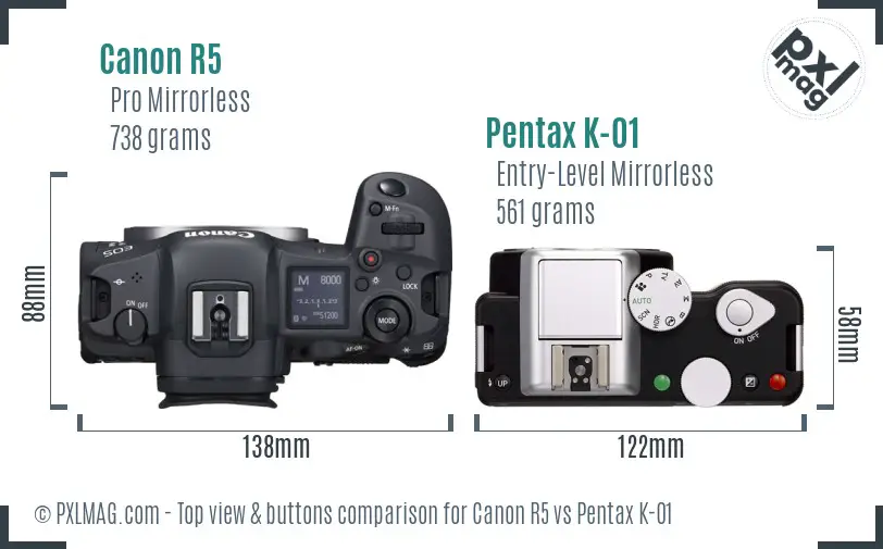 Canon R5 vs Pentax K-01 top view buttons comparison