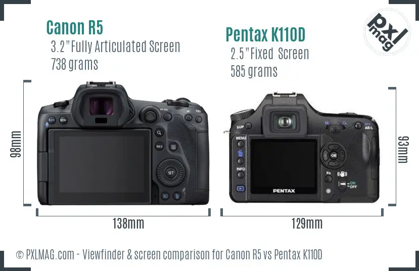 Canon R5 vs Pentax K110D Screen and Viewfinder comparison