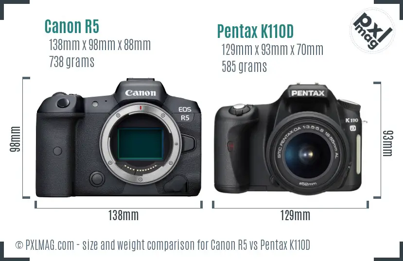 Canon R5 vs Pentax K110D size comparison