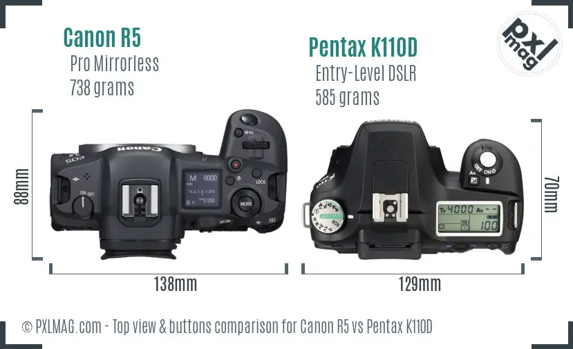 Canon R5 vs Pentax K110D top view buttons comparison