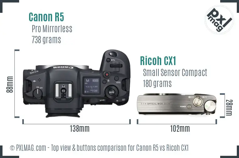 Canon R5 vs Ricoh CX1 top view buttons comparison