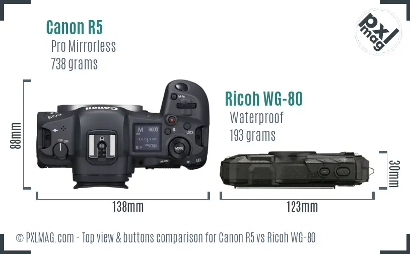 Canon R5 vs Ricoh WG-80 top view buttons comparison
