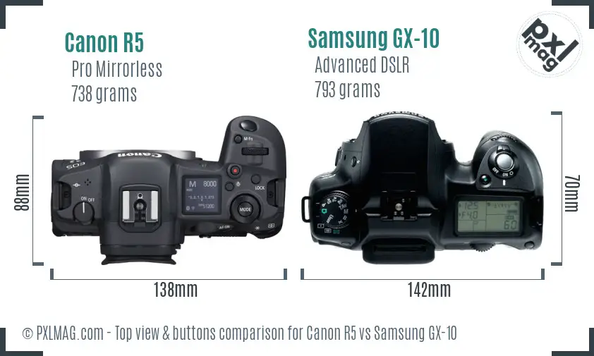 Canon R5 vs Samsung GX-10 top view buttons comparison