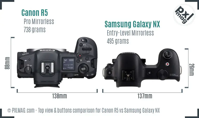 Canon R5 vs Samsung Galaxy NX top view buttons comparison