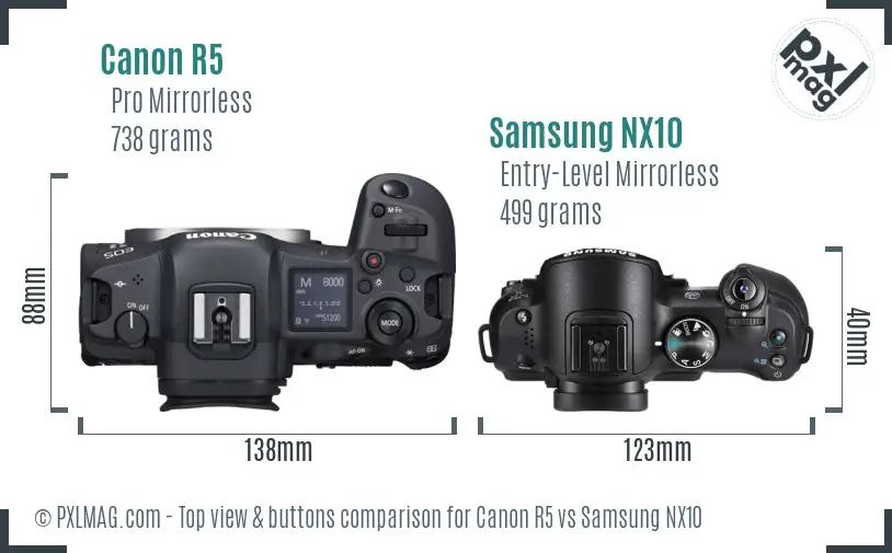 Canon R5 vs Samsung NX10 top view buttons comparison Canon R5 vs Samsung NX10 top view buttons comparison